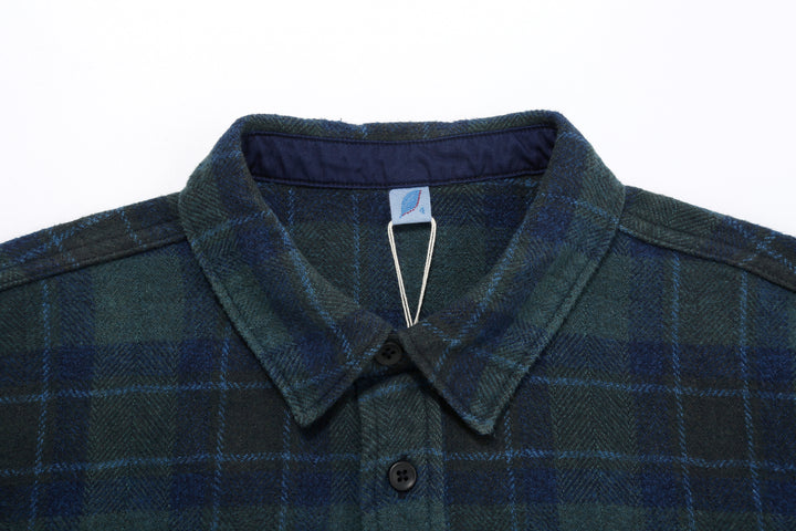 Pure Blue Japan 2235-BR Cotton Tweed Check Indigo Overdyed Shirt - Collar and Reinforced Back Neck Facing