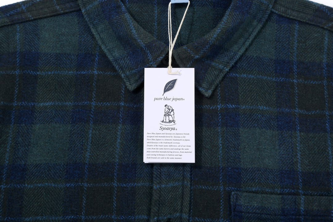 Pure Blue Japan 2235-BR Cotton Tweed Check Indigo Overdyed Shirt - Brand Hang Tag