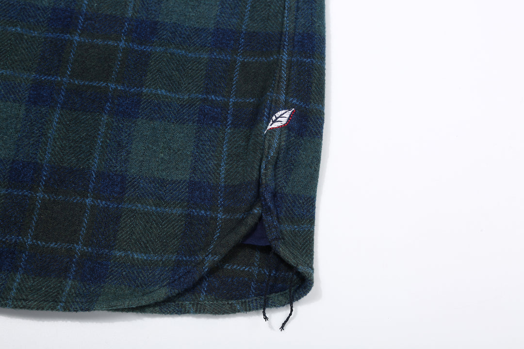 Pure Blue Japan 2235-BR Cotton Tweed Check Indigo Overdyed Shirt - Shoai Leaf Embroidery Detail