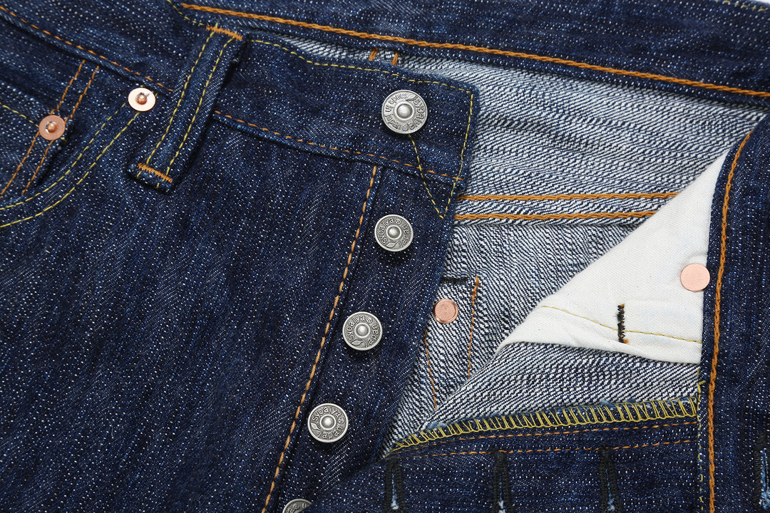Pure Blue Japan kasuri indigo selvedge denim relaxed tapered jeans Japan buttons