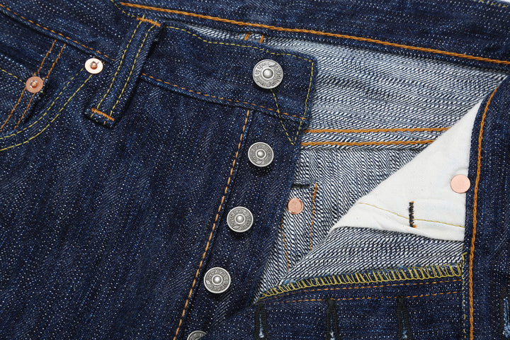 Pure Blue Japan kasuri indigo selvedge denim relaxed tapered jeans Japan buttons