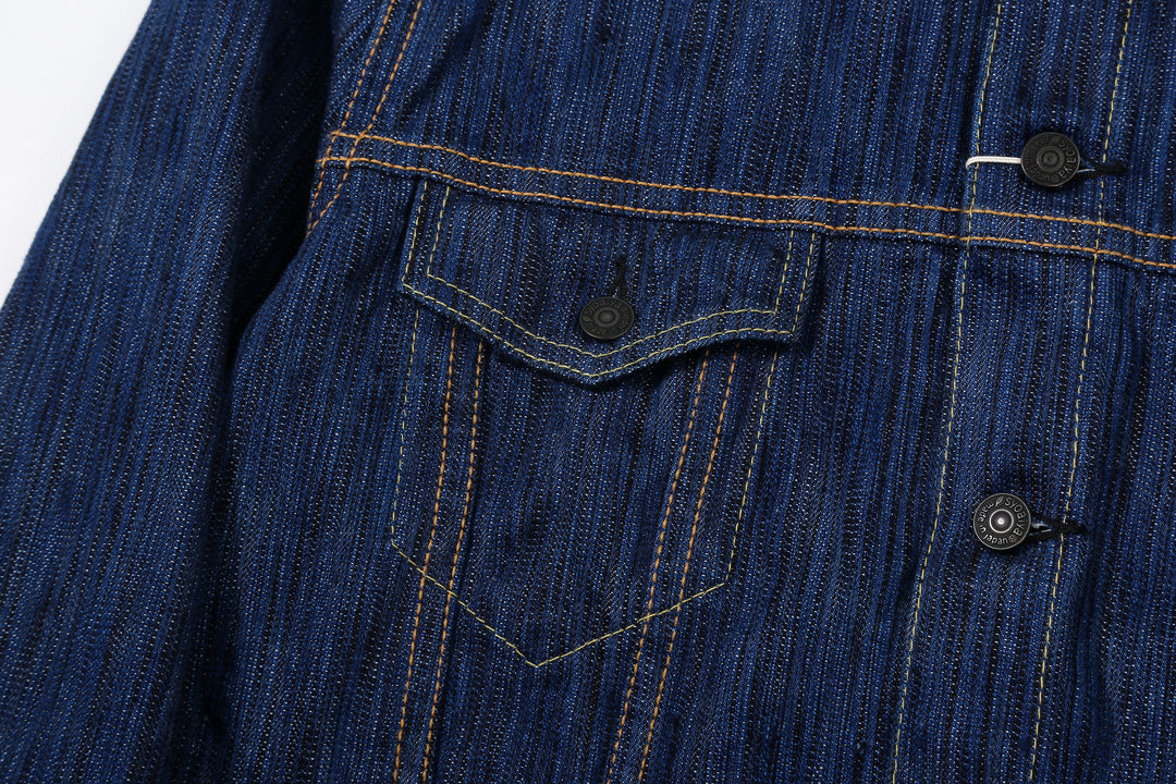 Pure Blue Japan 6226-L 14.5oz Waterfall Denim Type 3 Jacket Light Indigo Made in Japan Selvedge Denim Jacket Chest Pocket Right