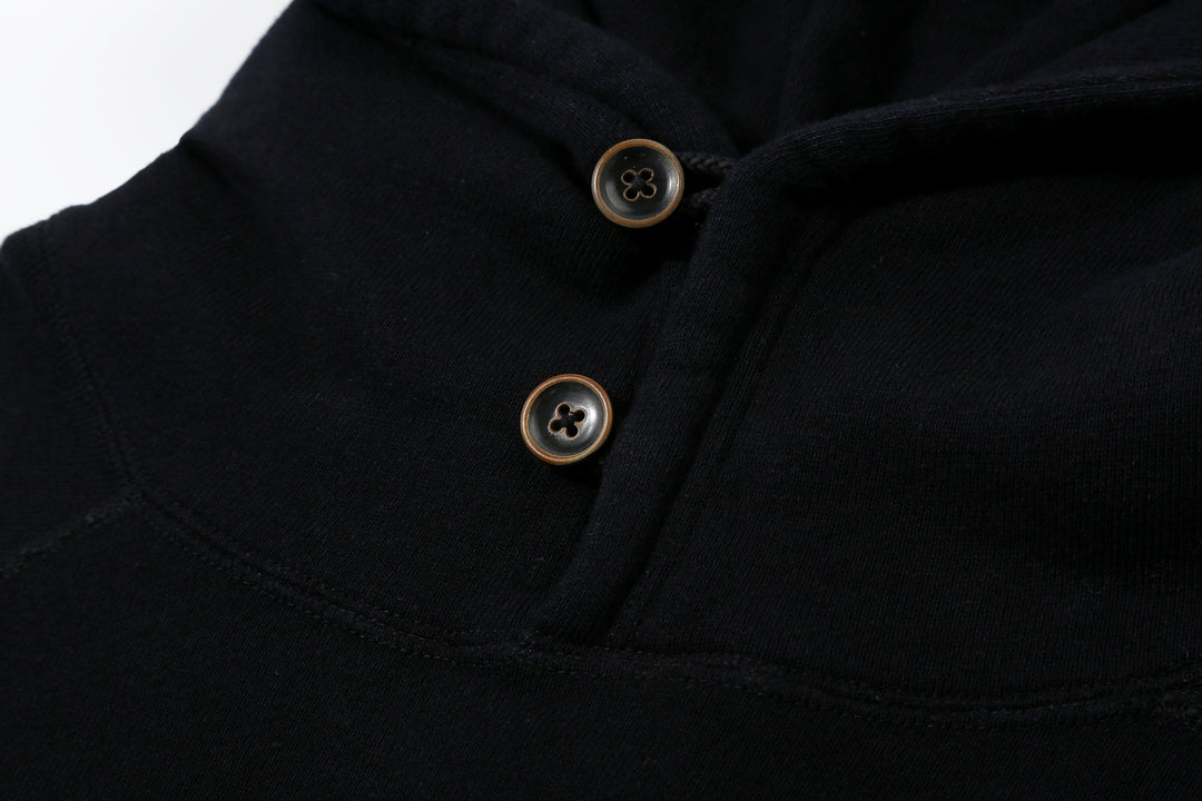 Pure Blue Japan 5410-IDBK Indigo Pullover Hoodie Black Overdye – Buffalo Horn Buttons Close-Up
