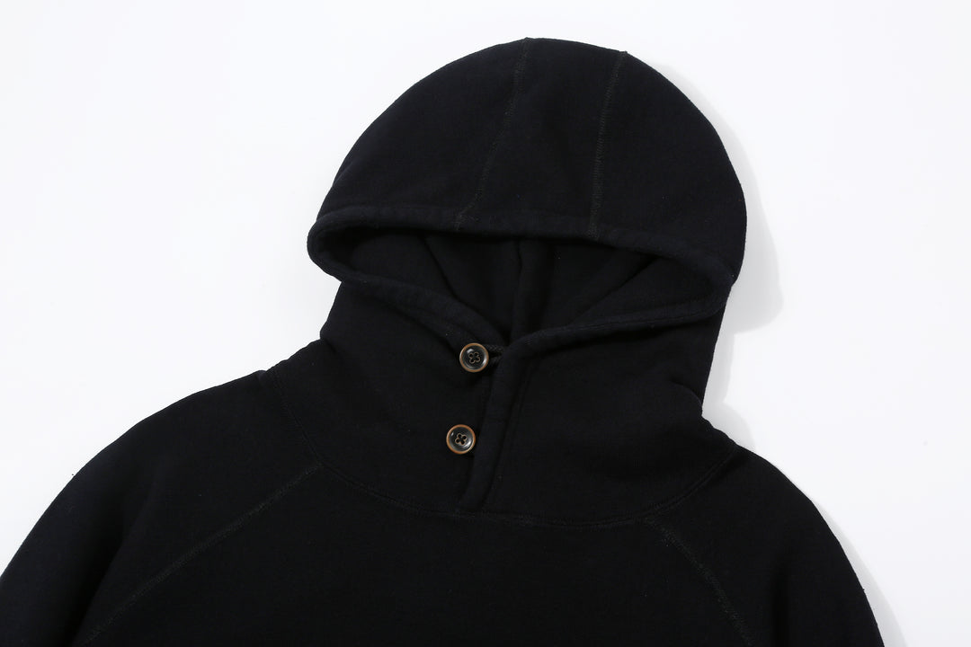 Pure Blue Japan 5410-IDBK Indigo Pullover Hoodie Black Overdye – Hood and Buttoned Neckline Detail
