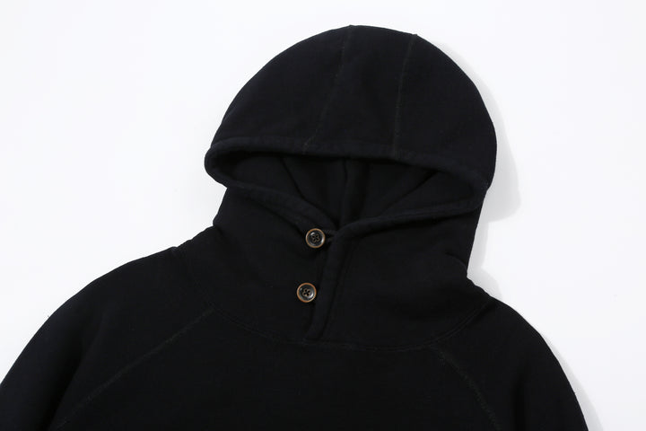 Pure Blue Japan 5410-IDBK Indigo Pullover Hoodie Black Overdye – Hood and Buttoned Neckline Detail
