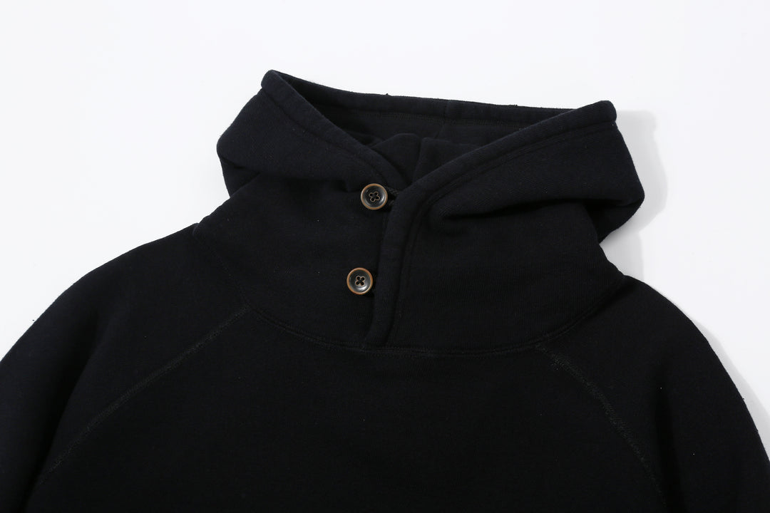 Pure Blue Japan 5410-IDBK Indigo Pullover Hoodie Black Overdye – High Neck Detail with Hood Lowered