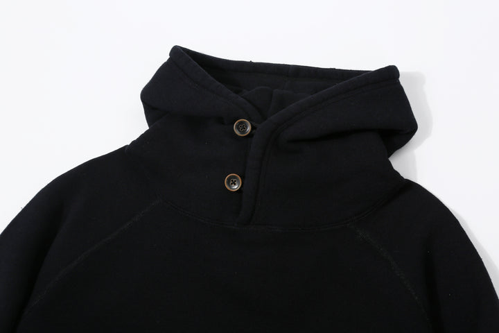 Pure Blue Japan 5410-IDBK Indigo Pullover Hoodie Black Overdye – High Neck Detail with Hood Lowered