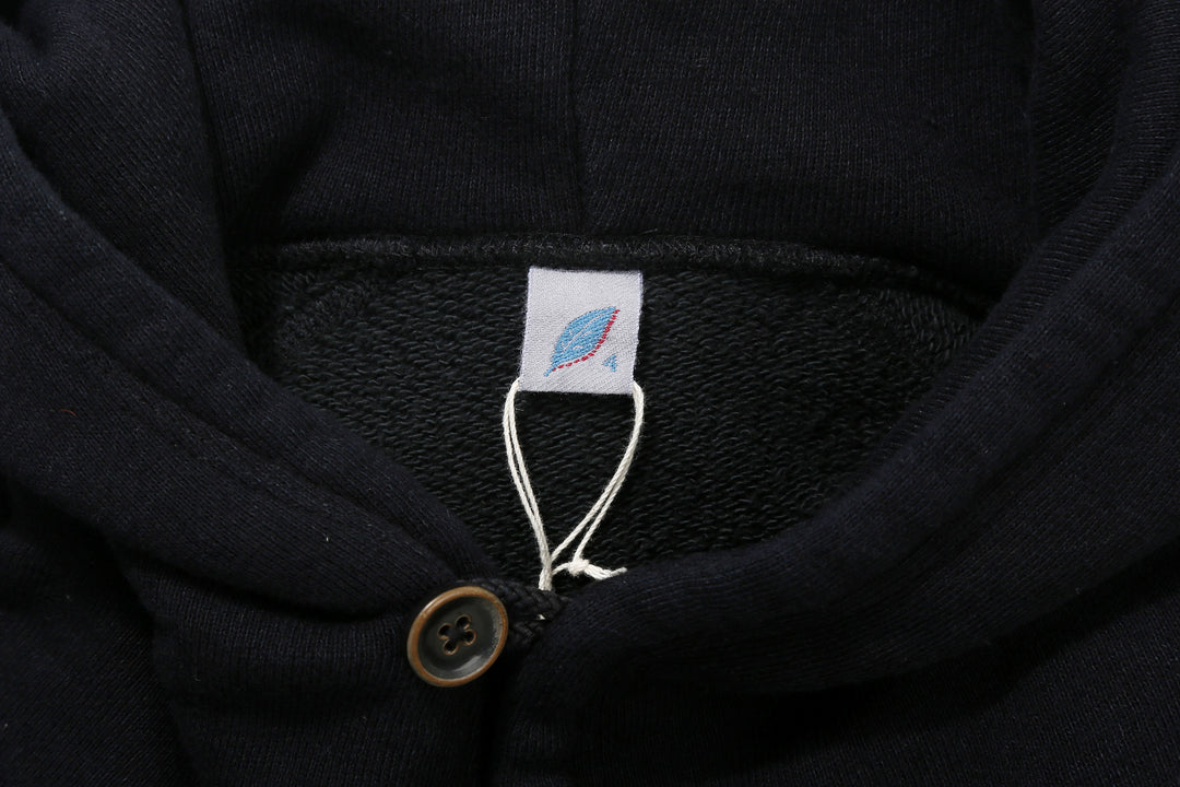 Pure Blue Japan 5410-IDBK Indigo Pullover Hoodie Black Overdye – Neck Label and Interior Knit Detail