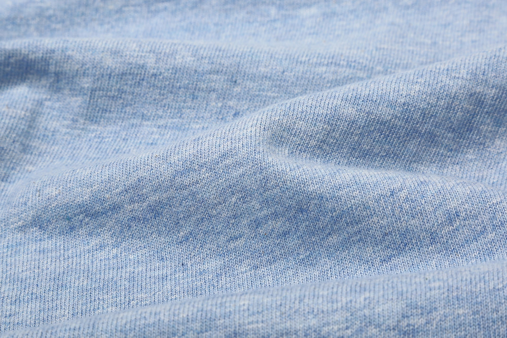 Warehouse Lot 4096 88/12 cotton rayon graphic T-shirt short sleeve crew neck made in Japan heather fabric navy fabric close up
