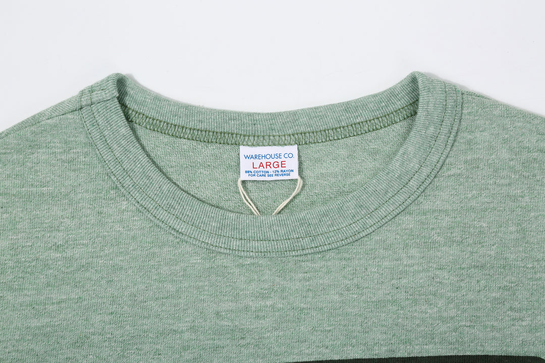 Warehouse Lot 4096 88/12 cotton rayon graphic T-shirt short sleeve crew neck made in Japan heather fabric green neck detail