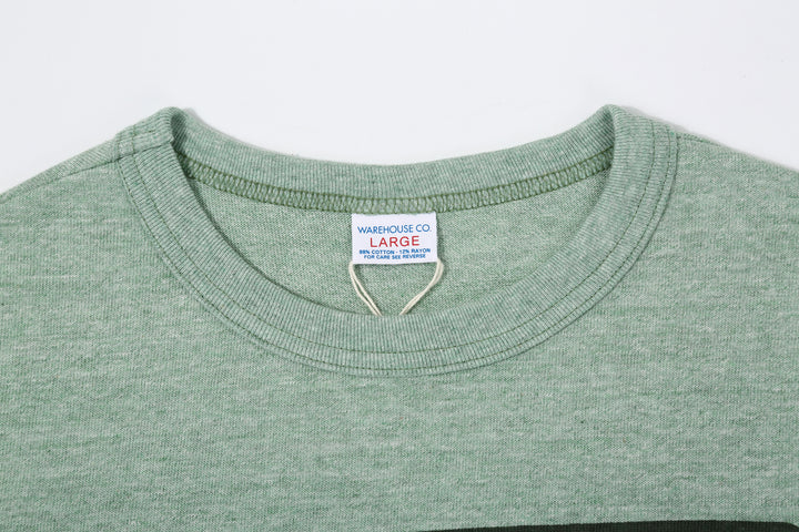 Warehouse Lot 4096 88/12 cotton rayon graphic T-shirt short sleeve crew neck made in Japan heather fabric green neck detail