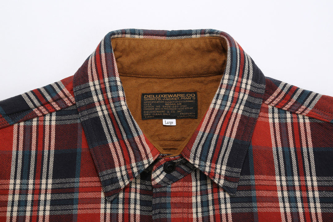 Deluxeware HV-19A Double-Weave Flannel Shirt – 20th Anniversary Model Collar and Brand Label Detail