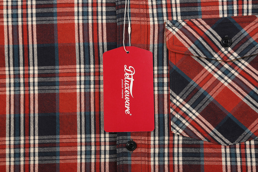 Deluxeware HV-19A Double-Weave Flannel Shirt – 20th Anniversary Model Brand Tag and Plaid Fabric Detail