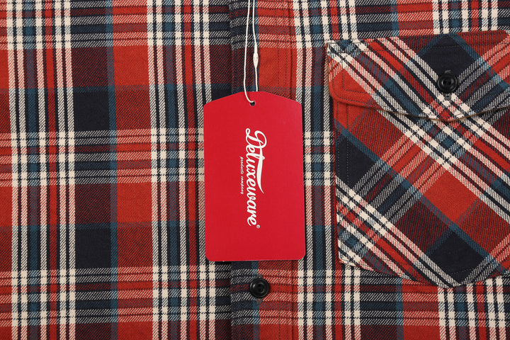 Deluxeware HV-19A Double-Weave Flannel Shirt – 20th Anniversary Model Brand Tag and Plaid Fabric Detail