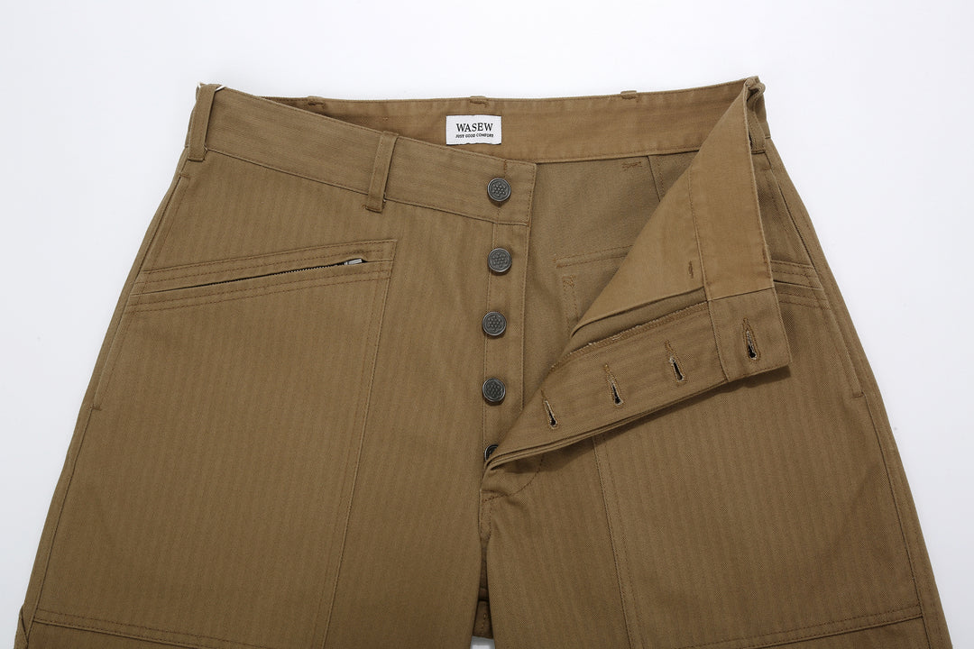 WASEW WSW-25A-011 herringbone twill mechanical pants coyote made in Japan straight fit work pants buttons detail