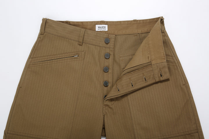 WASEW WSW-25A-011 herringbone twill mechanical pants coyote made in Japan straight fit work pants buttons detail
