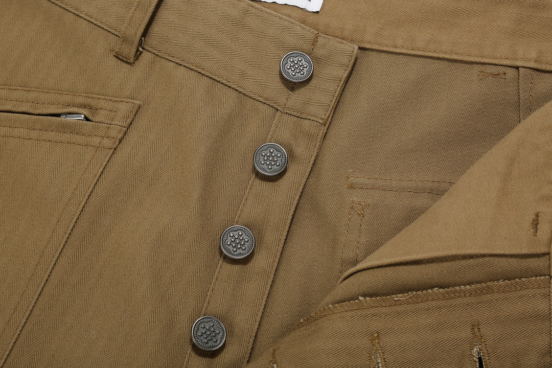 WASEW WSW-25A-011 herringbone twill mechanical pants coyote made in Japan straight fit work pants buttons close up