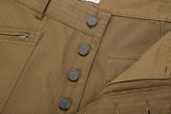 WASEW WSW-25A-011 herringbone twill mechanical pants coyote made in Japan straight fit work pants buttons close up