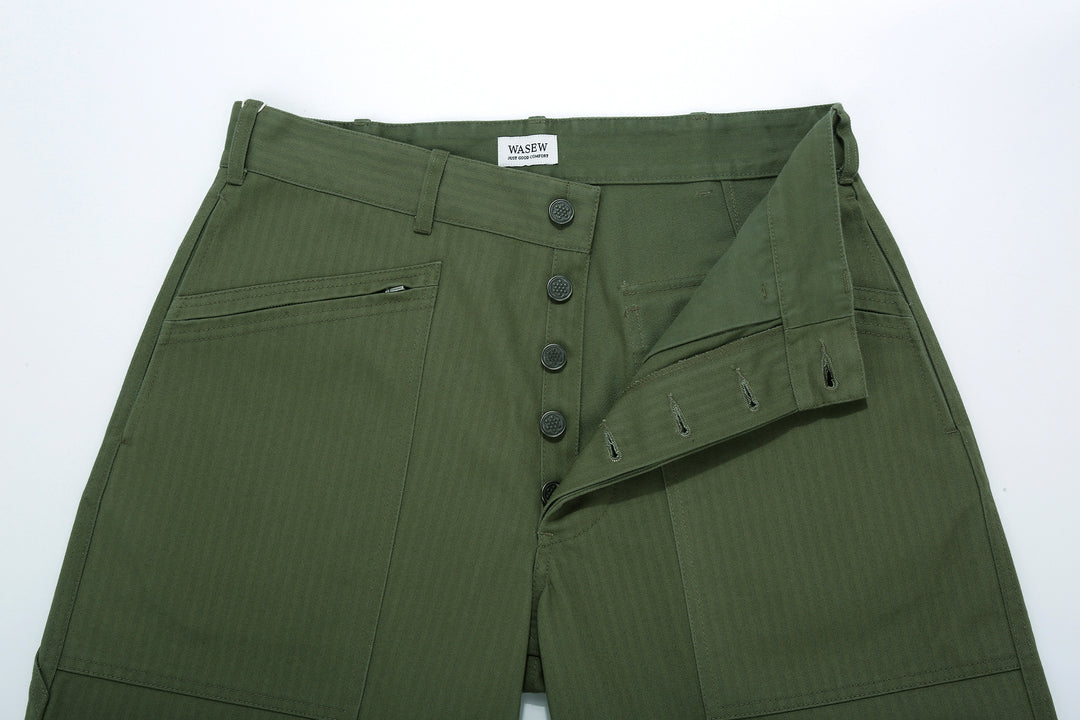 WASEW WSW-25A-011 herringbone twill mechanic pants sage green made in Japan straight fit work pants button detail