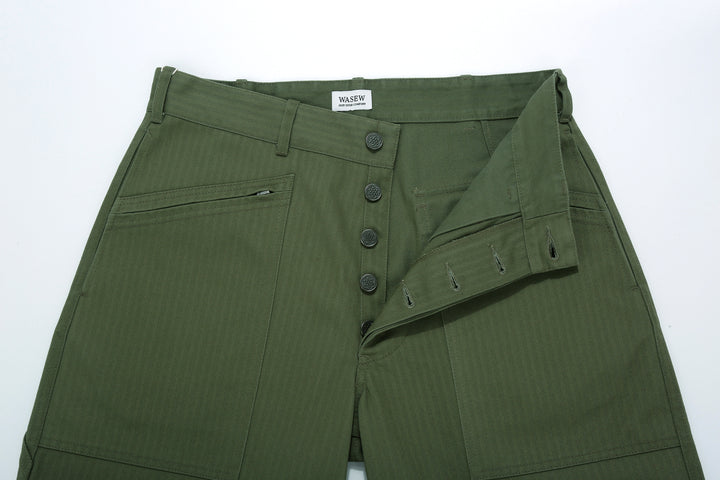 WASEW WSW-25A-011 herringbone twill mechanic pants sage green made in Japan straight fit work pants button detail