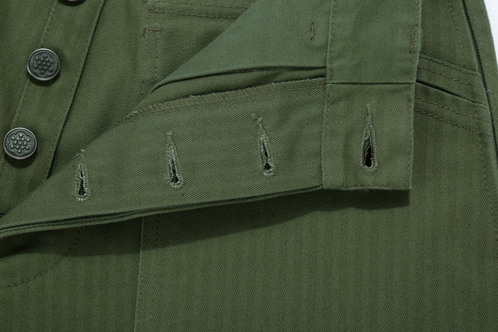 WASEW WSW-25A-011 herringbone twill mechanic pants sage green made in Japan straight fit work pants button hole