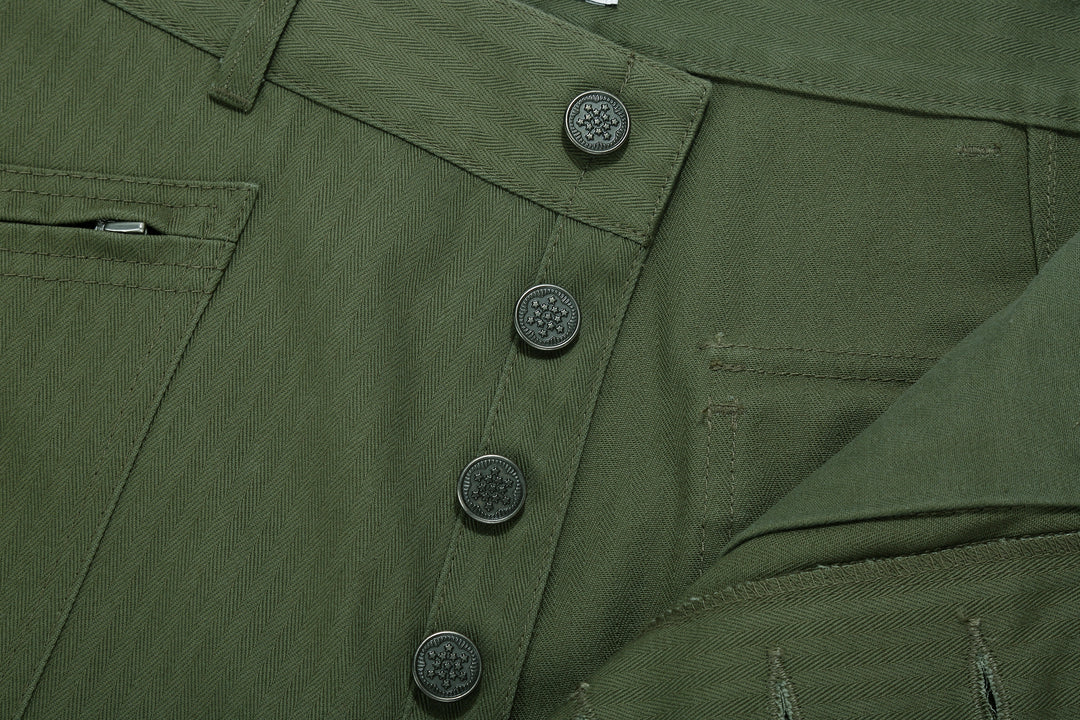 WASEW WSW-25A-011 herringbone twill mechanic pants sage green made in Japan straight fit work pants button close up
