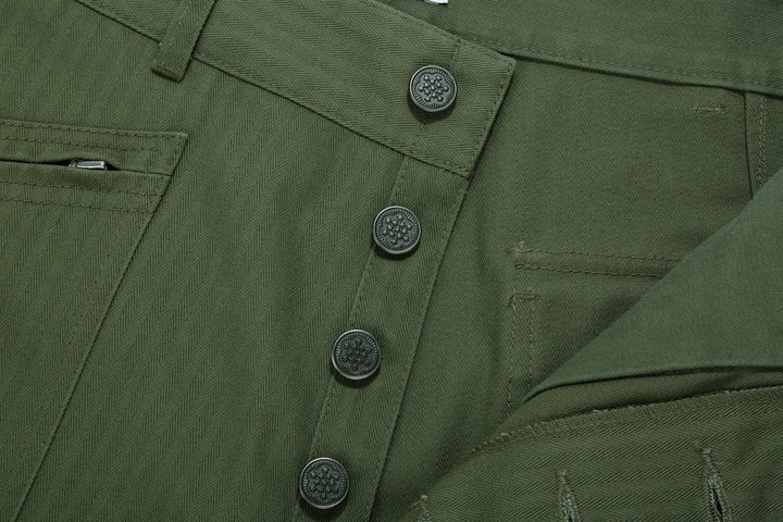 WASEW WSW-25A-011 herringbone twill mechanic pants sage green made in Japan straight fit work pants button close up