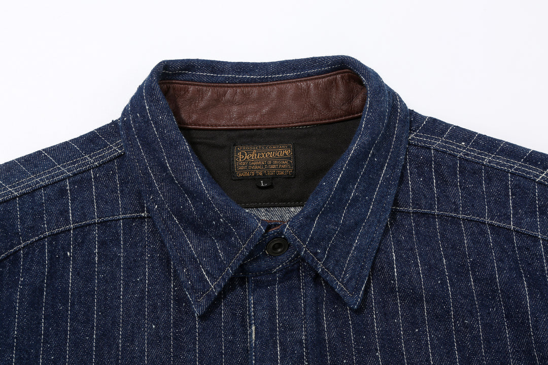 DELUXEWARE 7630A Denim Flannel Shirt Washable Cowhide Leather Collar Detail