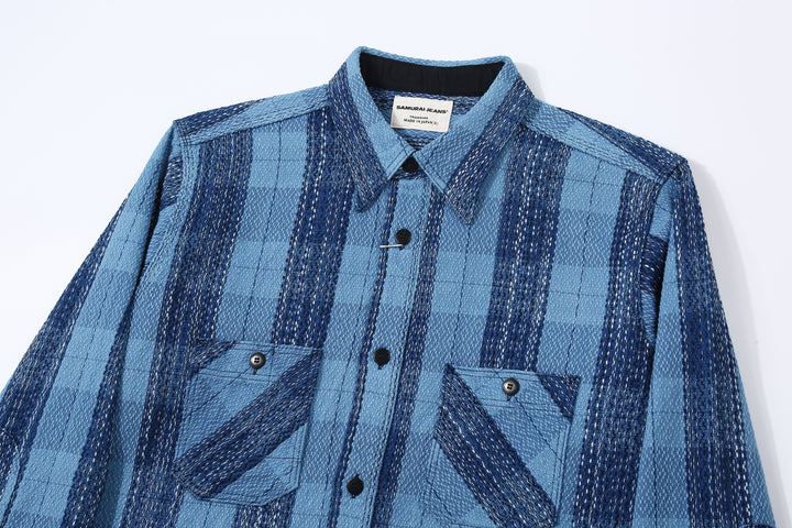 Samurai Jeans SKN24-01W rain drop kasuri sashiko flannel work shirt front view collar