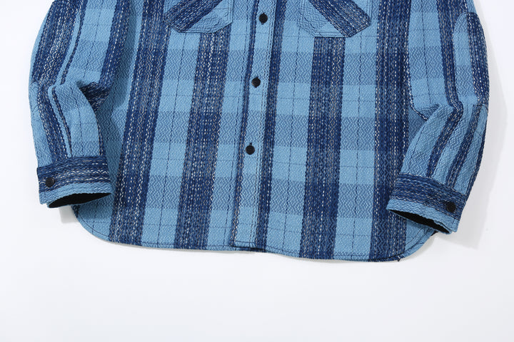 Samurai Jeans SKN24-01W rain drop kasuri sashiko flannel work shirt front view hem