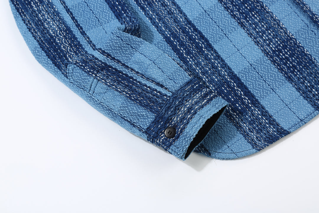 Samurai Jeans SKN24-01W rain drop kasuri sashiko flannel work shirt front view cuff