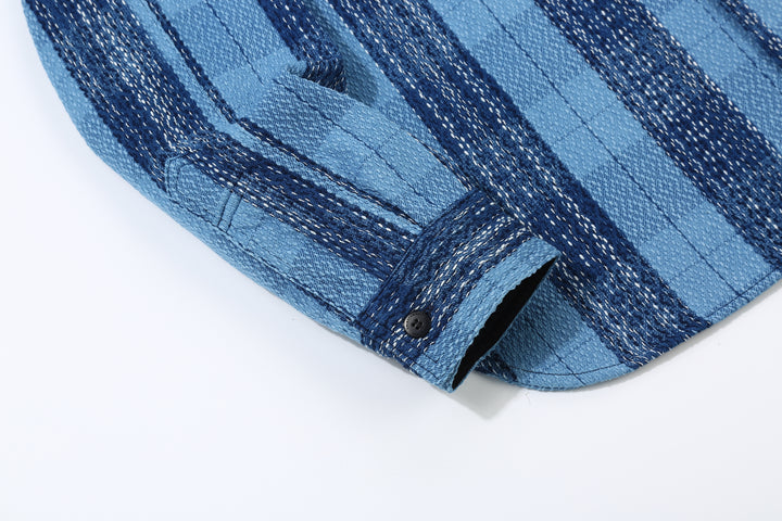 Samurai Jeans SKN24-01W rain drop kasuri sashiko flannel work shirt front view cuff