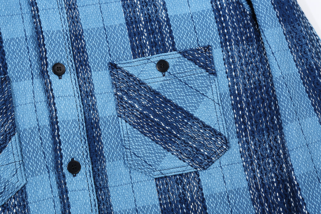 Samurai Jeans SKN24-01W rain drop kasuri sashiko flannel work shirt front view chest pocket left