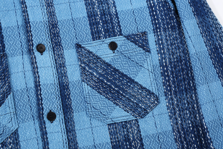 Samurai Jeans SKN24-01W rain drop kasuri sashiko flannel work shirt front view chest pocket left