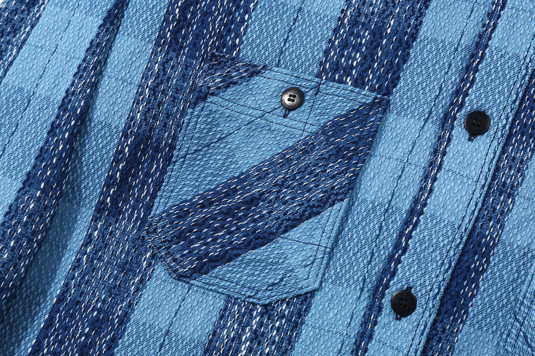 Samurai Jeans SKN24-01W rain drop kasuri sashiko flannel work shirt front view right pocket