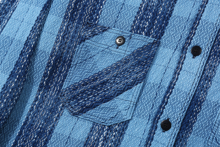 Samurai Jeans SKN24-01W rain drop kasuri sashiko flannel work shirt front view right pocket