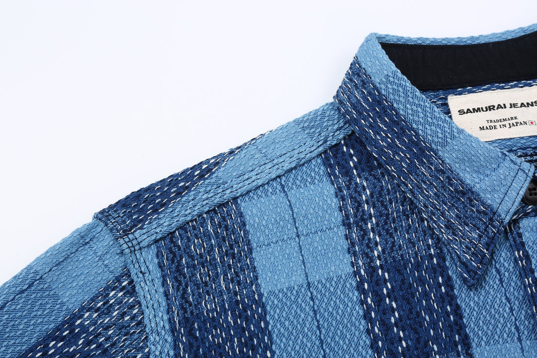 Samurai Jeans SKN24-01W rain drop kasuri sashiko flannel work shirt front view shoulder seam