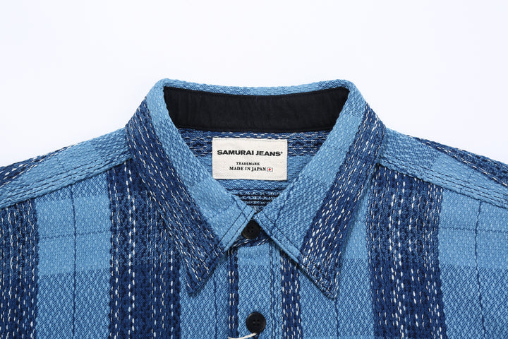 Samurai Jeans SKN24-01W rain drop kasuri sashiko flannel work shirt front view collar