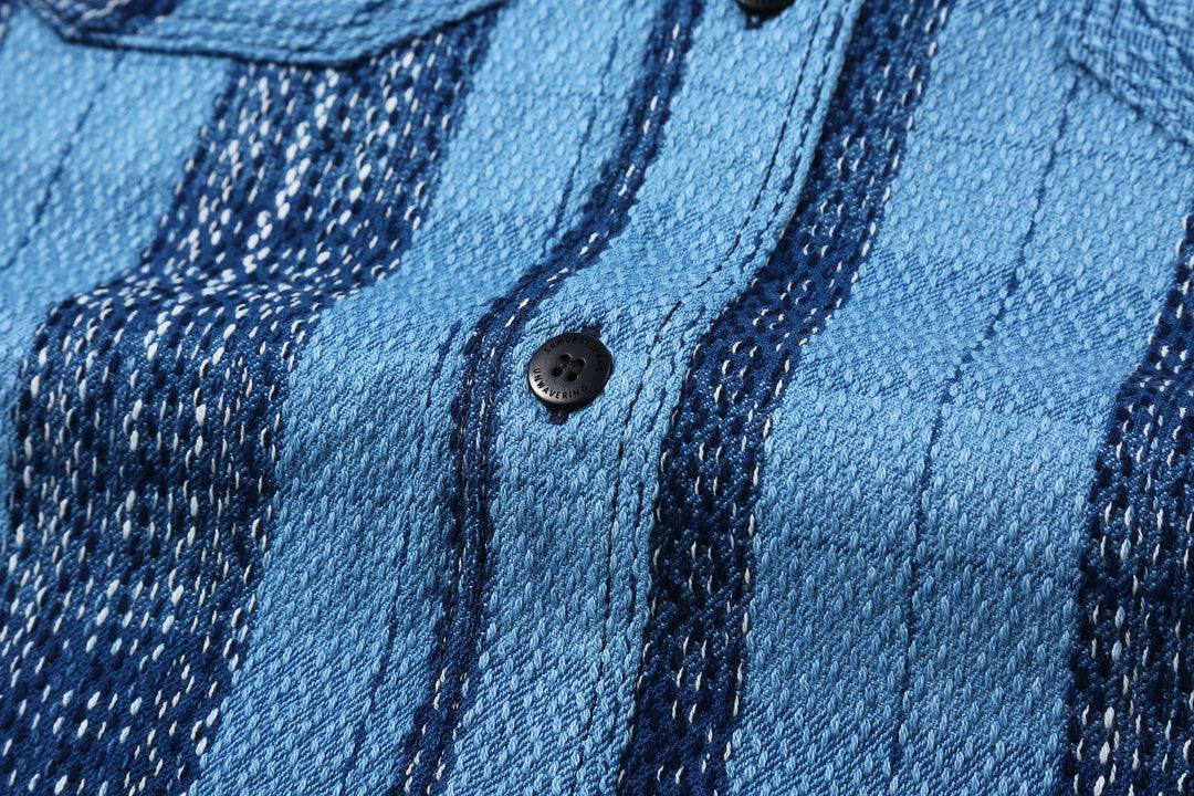 Samurai Jeans SKN24-01W rain drop kasuri sashiko flannel work shirt front view button close up