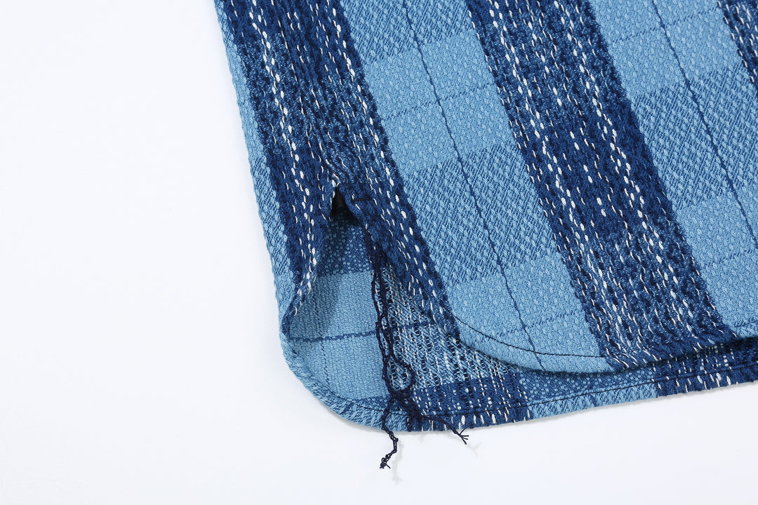 Samurai Jeans SKN24-01W rain drop kasuri sashiko flannel work shirt front view chain stitch