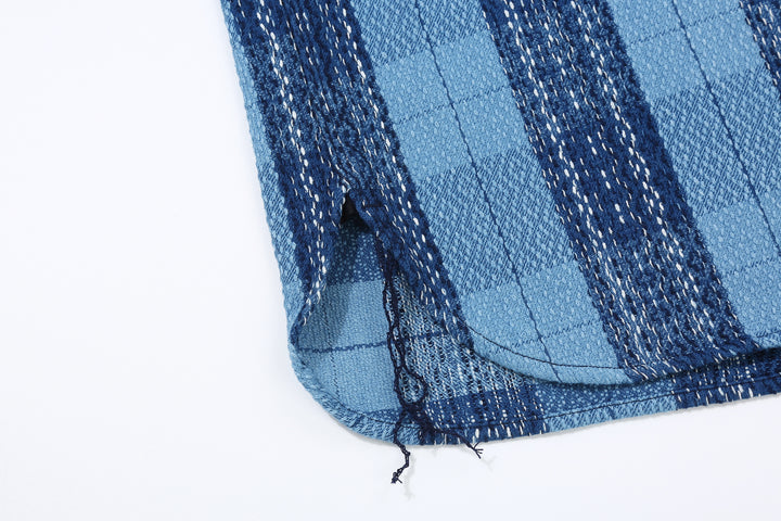 Samurai Jeans SKN24-01W rain drop kasuri sashiko flannel work shirt front view chain stitch