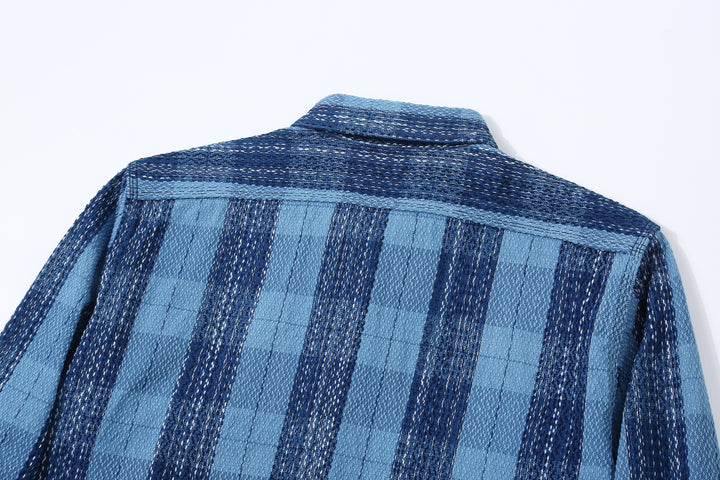 Samurai Jeans SKN24-01W rain drop kasuri sashiko flannel work shirt back view 