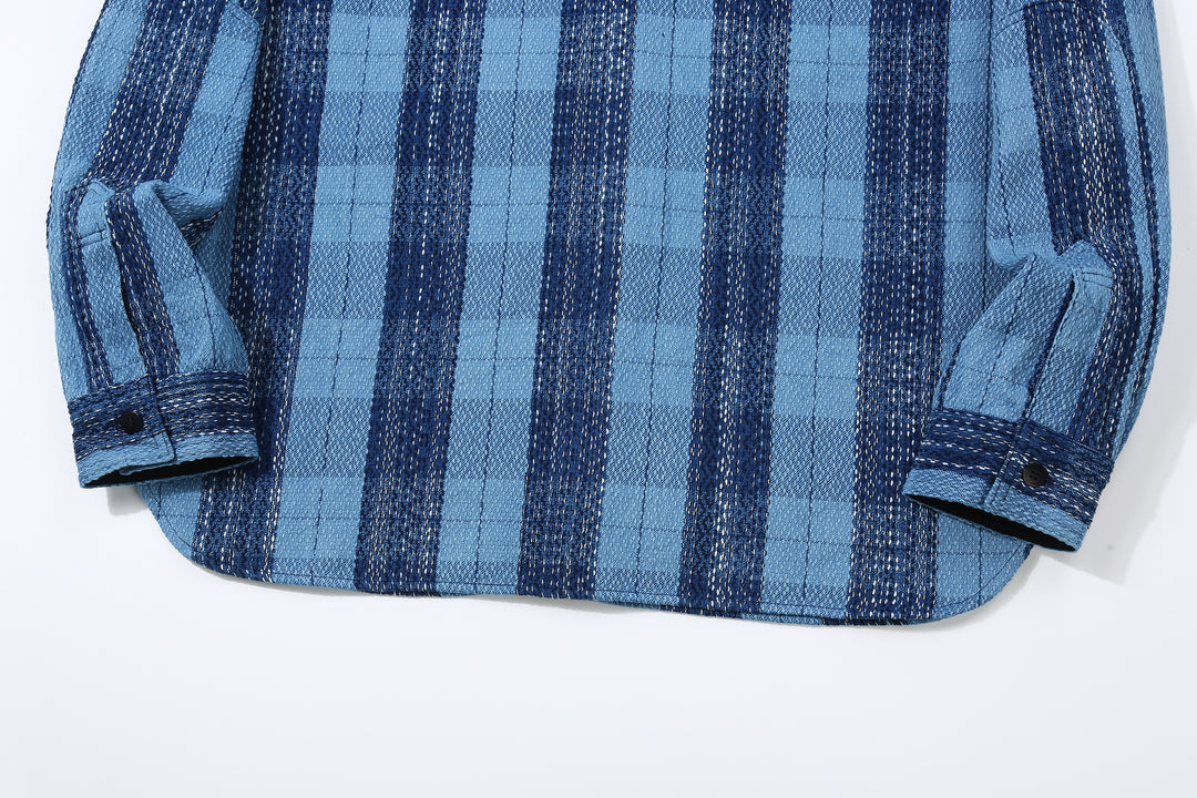 Samurai Jeans SKN24-01W rain drop kasuri sashiko flannel work shirt back view hem