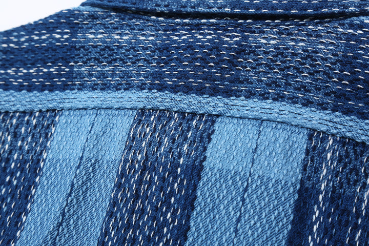 Samurai Jeans SKN24-01W rain drop kasuri sashiko flannel work shirt yoke seam detail