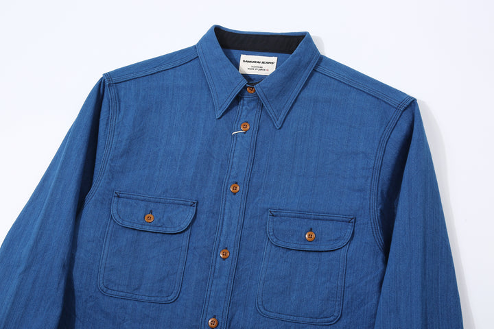 Samurai Jeans SSS25-AHBW Asagi natural indigo herringbone work shirt front view collar
