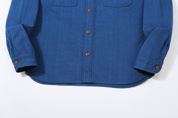 Samurai Jeans SSS25-AHBW Asagi natural indigo herringbone work shirt front view hem