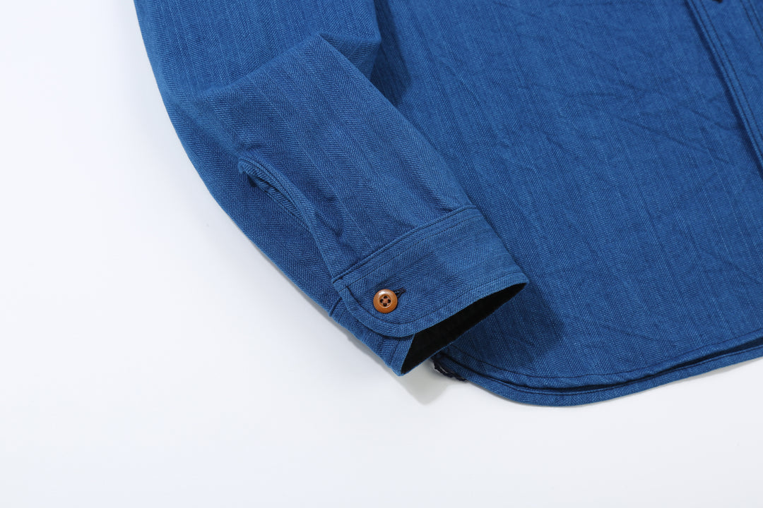 Samurai Jeans SSS25-AHBW Asagi natural indigo herringbone work shirt front view cuff 