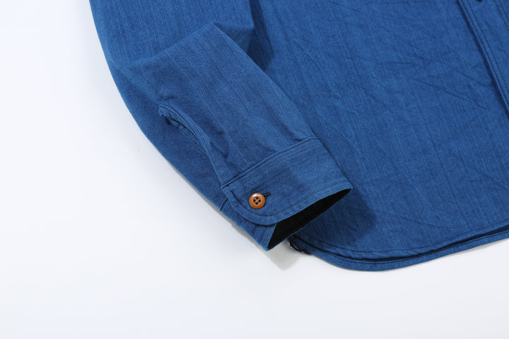 Samurai Jeans SSS25-AHBW Asagi natural indigo herringbone work shirt front view cuff 