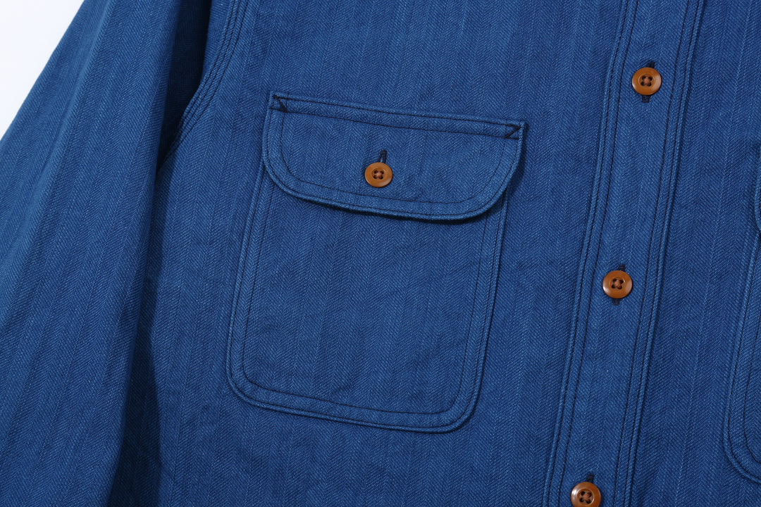 Samurai Jeans SSS25-AHBW Asagi natural indigo herringbone work shirt front view chest pocket right