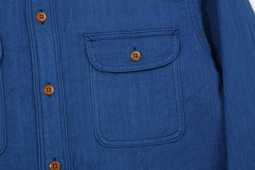 Samurai Jeans SSS25-AHBW Asagi natural indigo herringbone work shirt front view chest pocket left